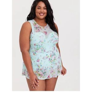 AQUA FLORAL MESH  ONE-PIECE SKATER SWIM DRESS